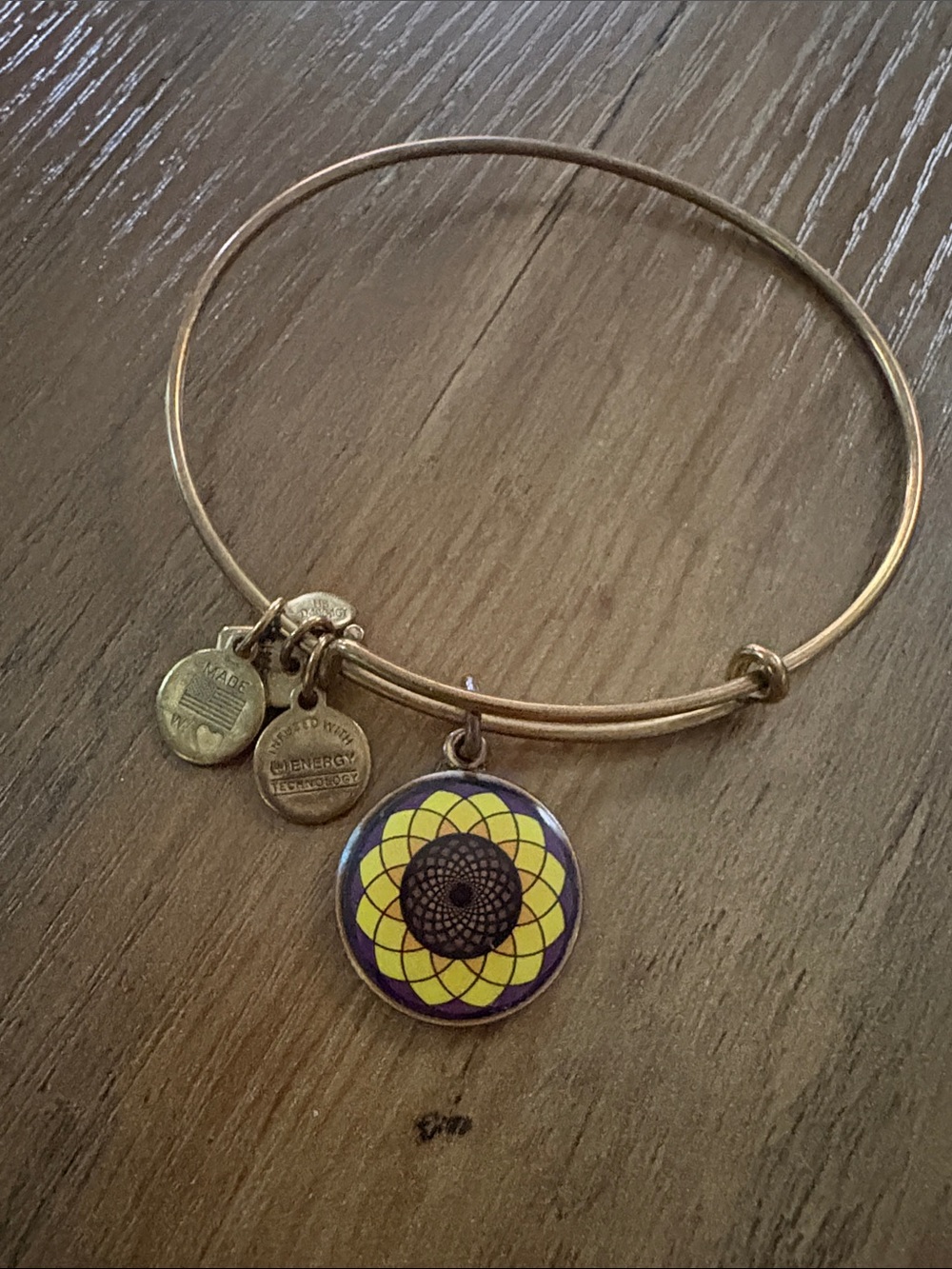 Gold Tone Bangle Bracelet with Yellow & Purple Flower Charm Alex & Ani